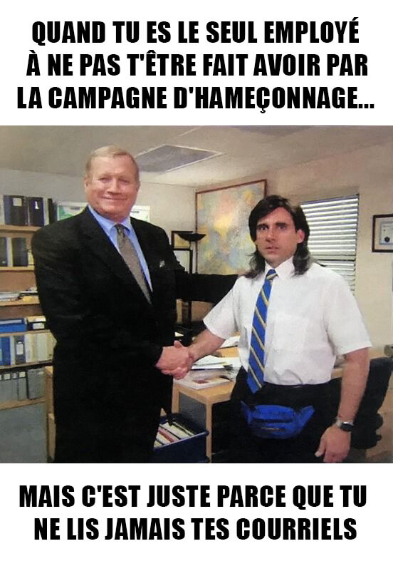 Meme le plus populaire des 30 derniers jours : Quand tu es le seul employé à ne pas t'être fait avoir par la campagne d'hameçonnage... mais c'est juste parce que tu ne lis jamais tes courriels